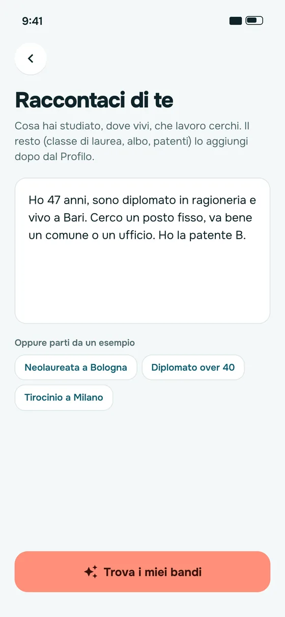 Schermata dell'app: racconta chi sei e che lavoro cerchi