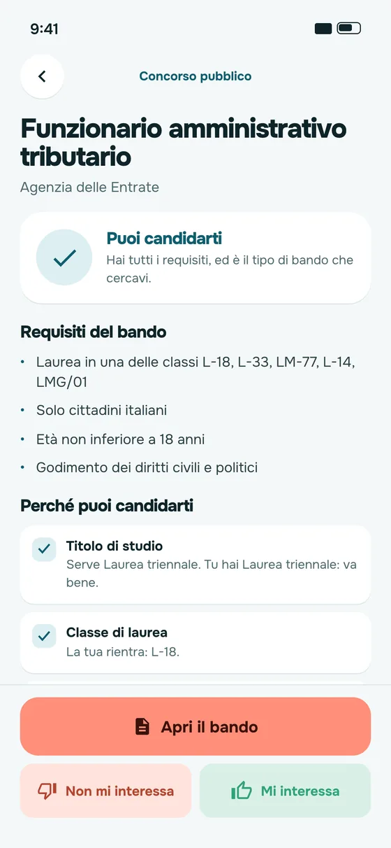 Schermata dell'app: i bandi adatti al tuo profilo