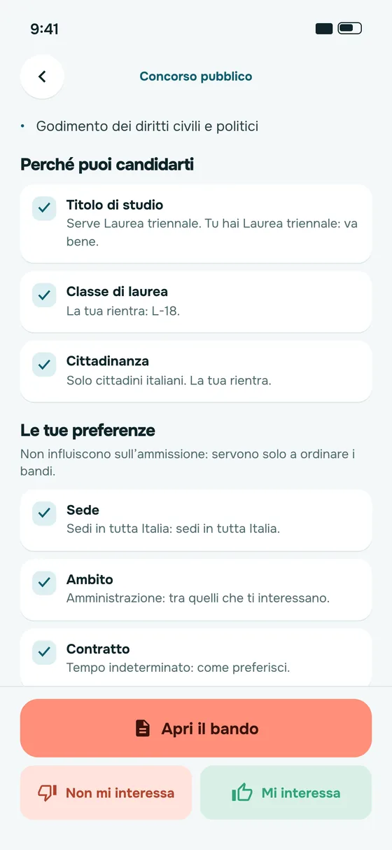 Schermata dell'app: i requisiti del bando confrontati con il tuo profilo