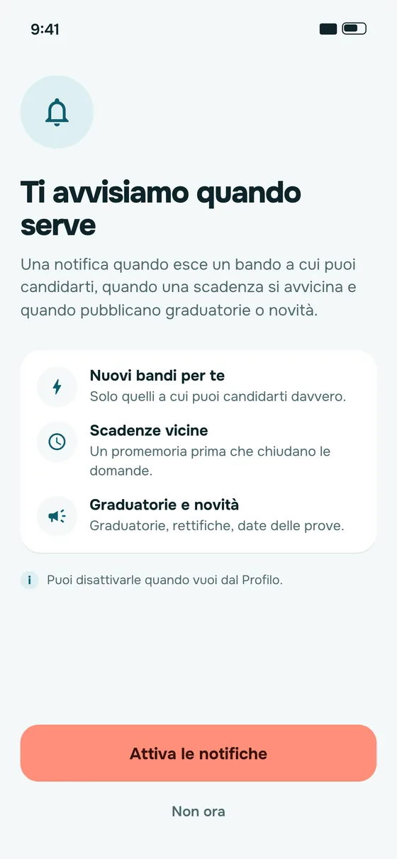 Schermata dell'app: le notifiche per nuovi bandi e scadenze